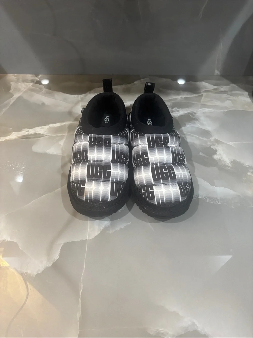 UGG Kids Black & White Logo Slip-On Puffer Shoes